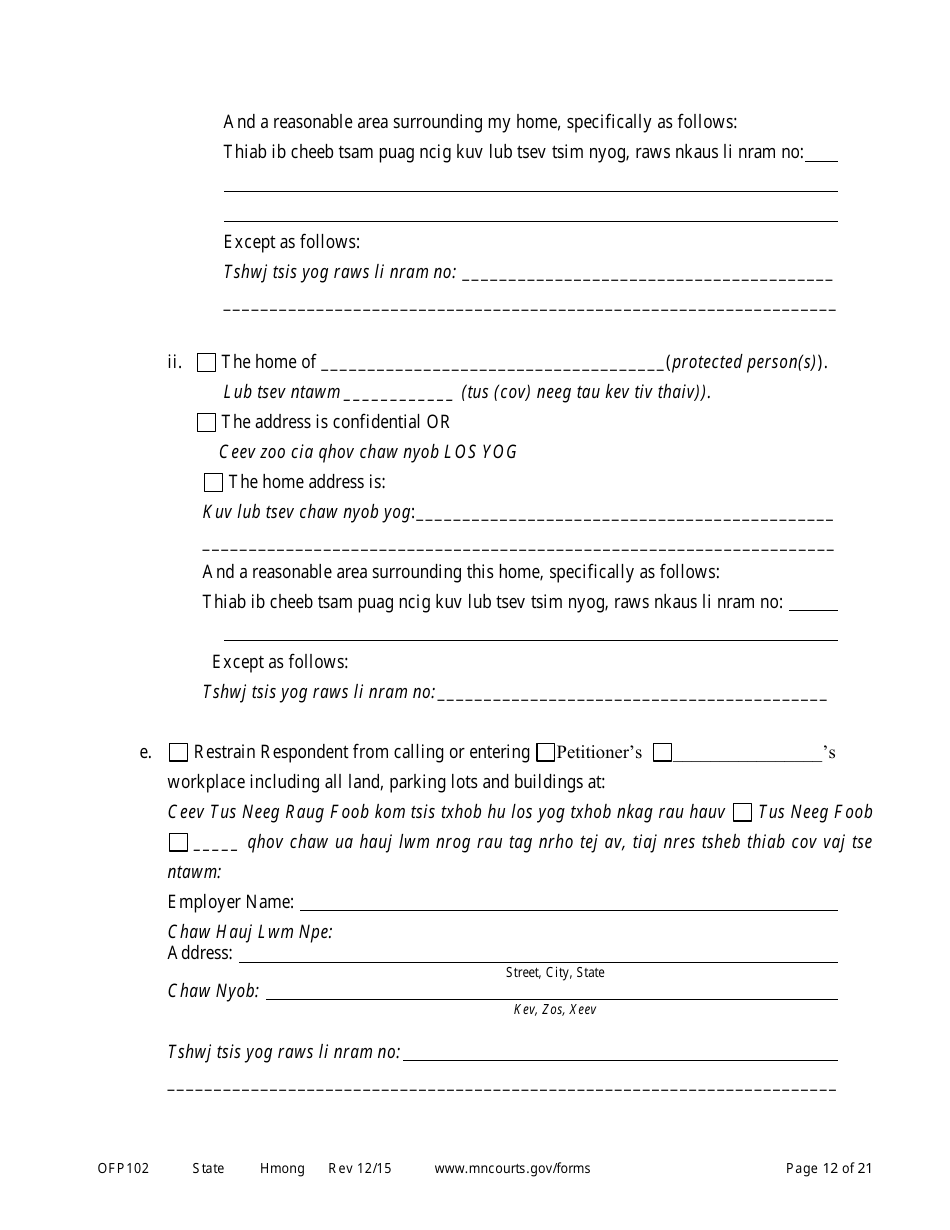 Form OFP102 Petitioners Affidavit and Petition for Order for Protection - Minnesota (English / Hmong), Page 12