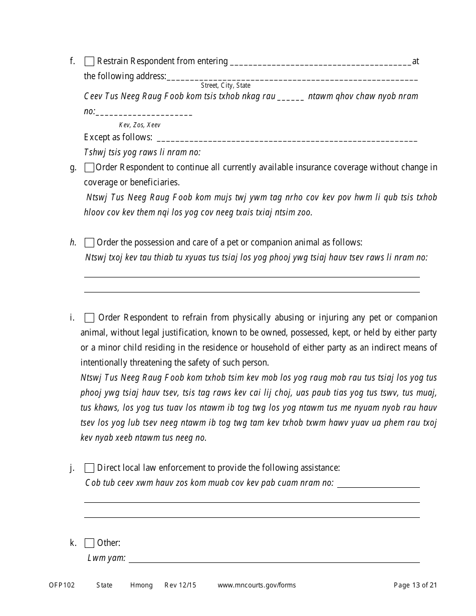 Form OFP102 Petitioners Affidavit and Petition for Order for Protection - Minnesota (English / Hmong), Page 13