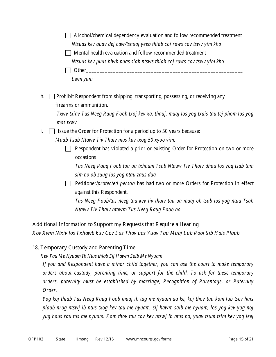 Form OFP102 Petitioners Affidavit and Petition for Order for Protection - Minnesota (English / Hmong), Page 15