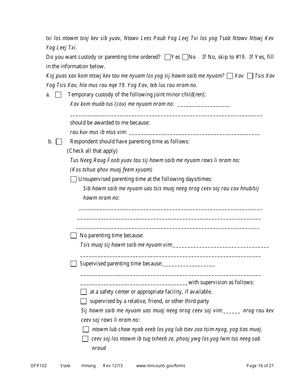 Form OFP102 Petitioners Affidavit and Petition for Order for Protection - Minnesota (English / Hmong), Page 16