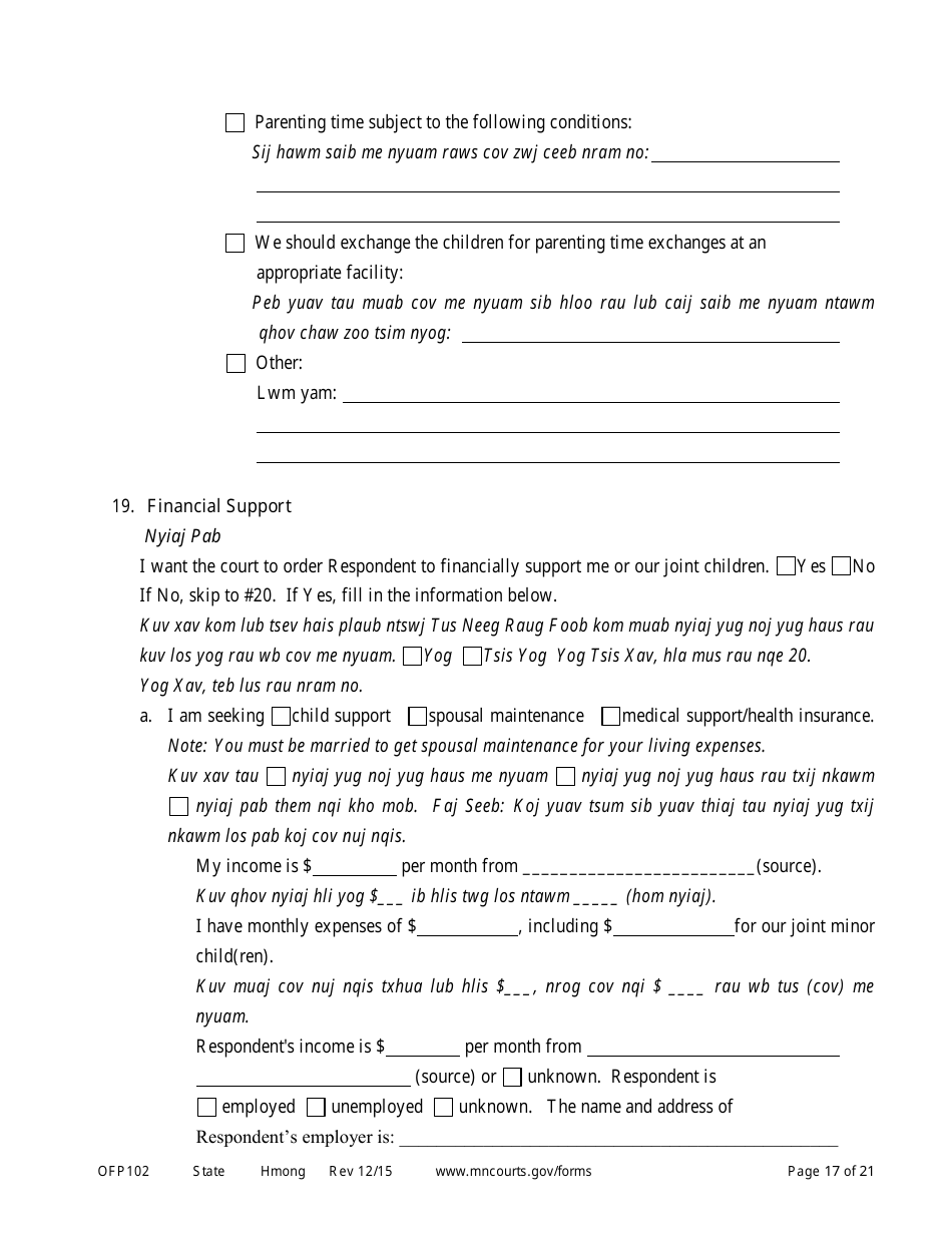 Form OFP102 Petitioners Affidavit and Petition for Order for Protection - Minnesota (English / Hmong), Page 17