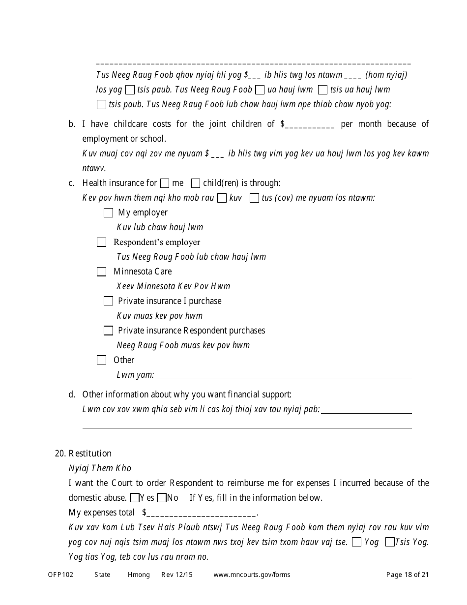 Form OFP102 Petitioners Affidavit and Petition for Order for Protection - Minnesota (English / Hmong), Page 18