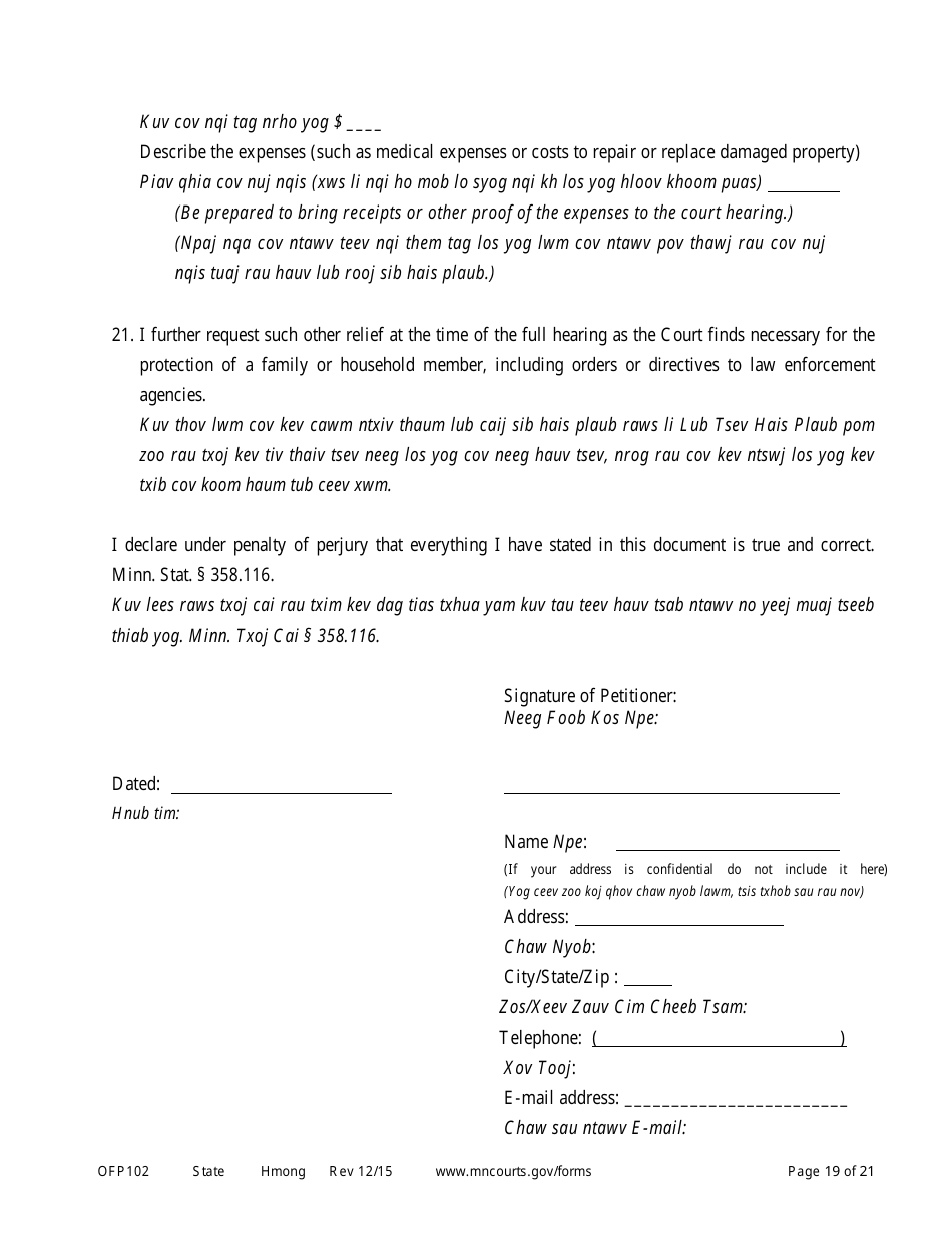 Form OFP102 Petitioners Affidavit and Petition for Order for Protection - Minnesota (English / Hmong), Page 19