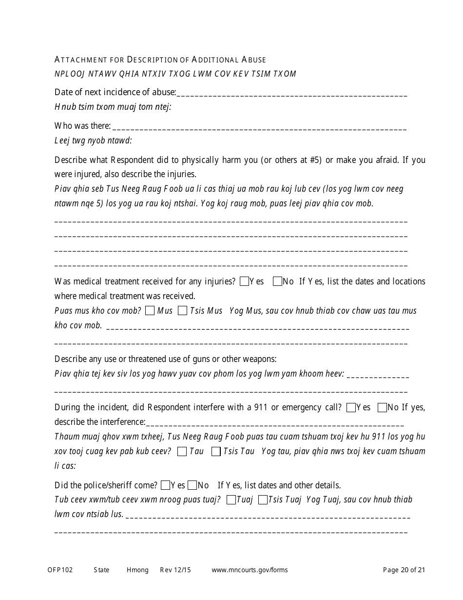 Form OFP102 Petitioners Affidavit and Petition for Order for Protection - Minnesota (English / Hmong), Page 20
