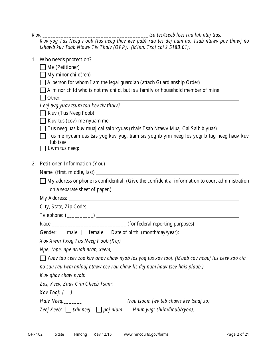 Form OFP102 Petitioners Affidavit and Petition for Order for Protection - Minnesota (English / Hmong), Page 2