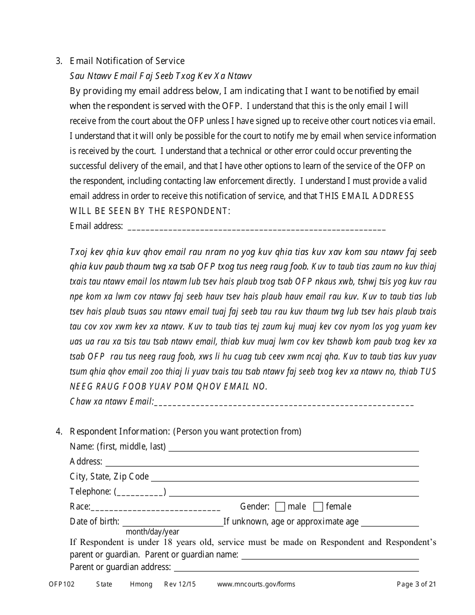 Form OFP102 Petitioners Affidavit and Petition for Order for Protection - Minnesota (English / Hmong), Page 3