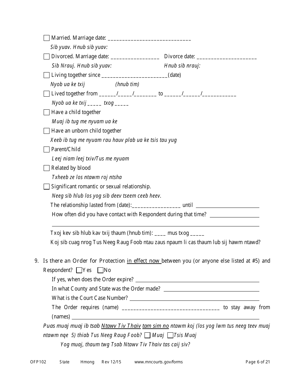 Form OFP102 Petitioners Affidavit and Petition for Order for Protection - Minnesota (English / Hmong), Page 6
