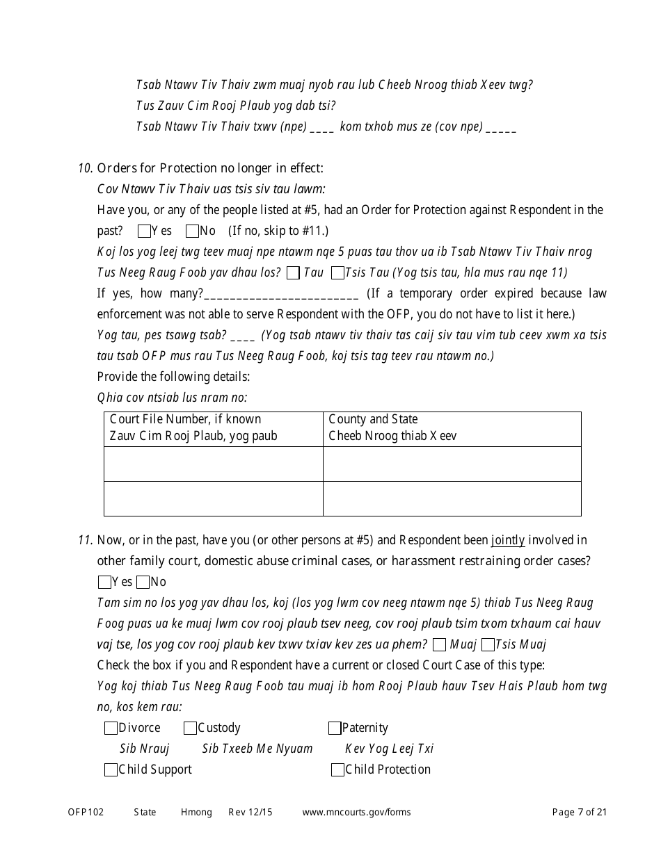 Form OFP102 Petitioners Affidavit and Petition for Order for Protection - Minnesota (English / Hmong), Page 7