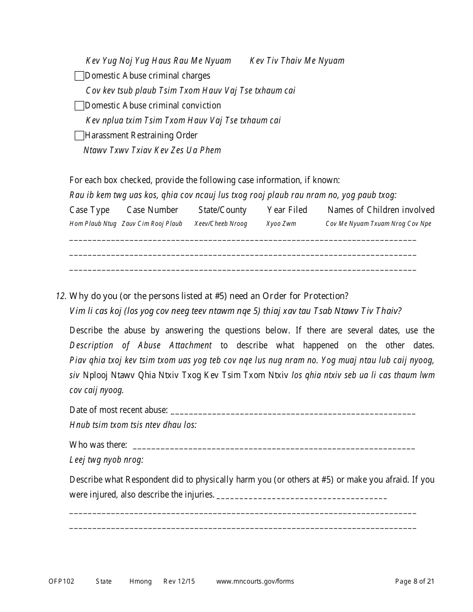 Form OFP102 Petitioners Affidavit and Petition for Order for Protection - Minnesota (English / Hmong), Page 8