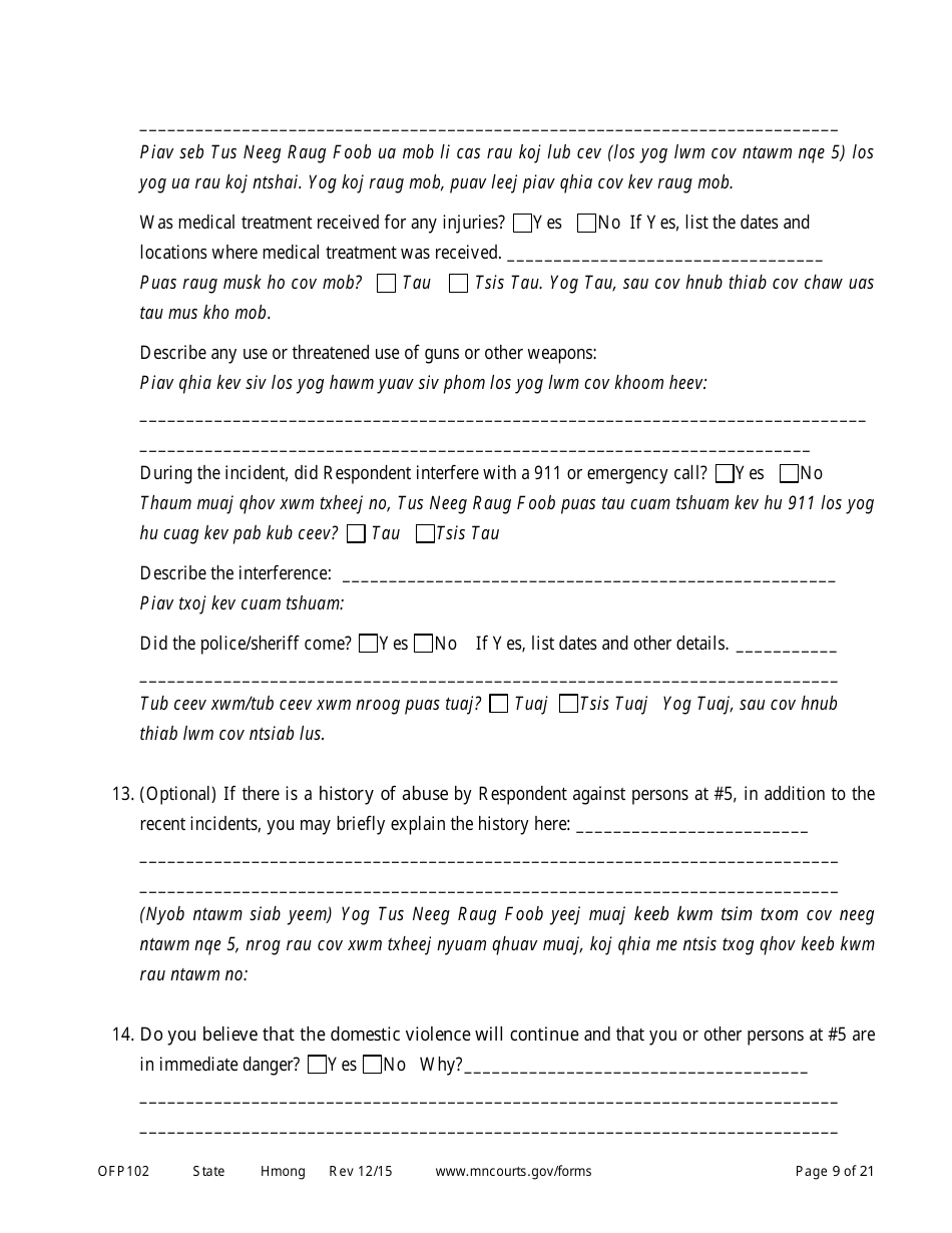 Form OFP102 Petitioners Affidavit and Petition for Order for Protection - Minnesota (English / Hmong), Page 9