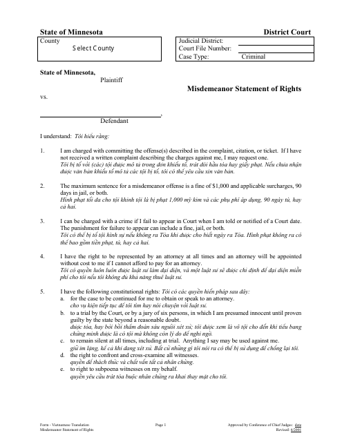 Misdemeanor Statement of Rights - Minnesota (English / Vietnamese) Download Pdf