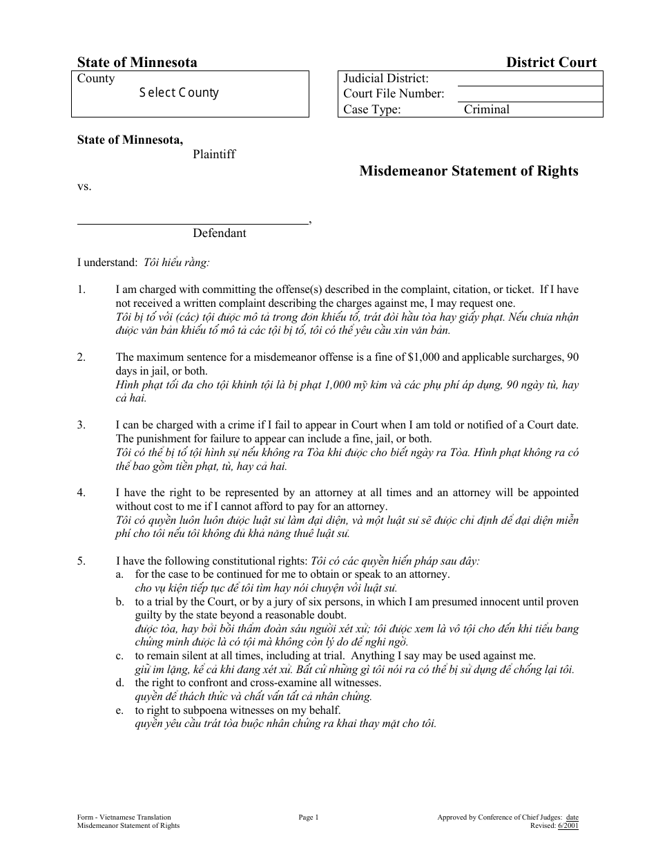 Misdemeanor Statement of Rights - Minnesota (English / Vietnamese), Page 1