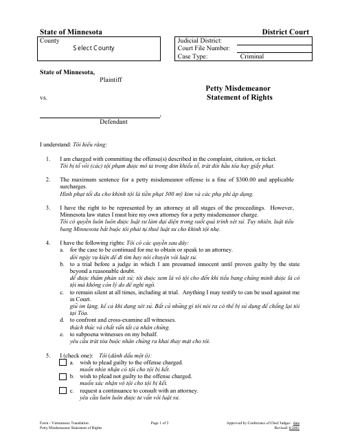 Petty Misdemeanor Statement of Rights - Minnesota (English/Vietnamese)