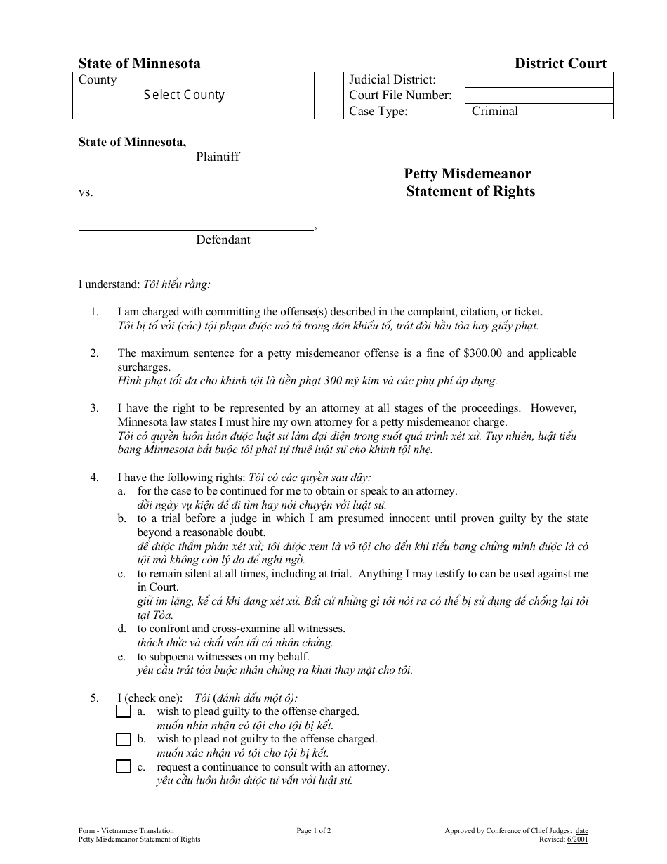 Minnesota Petty Misdemeanor Statement of Rights (English/Vietnamese