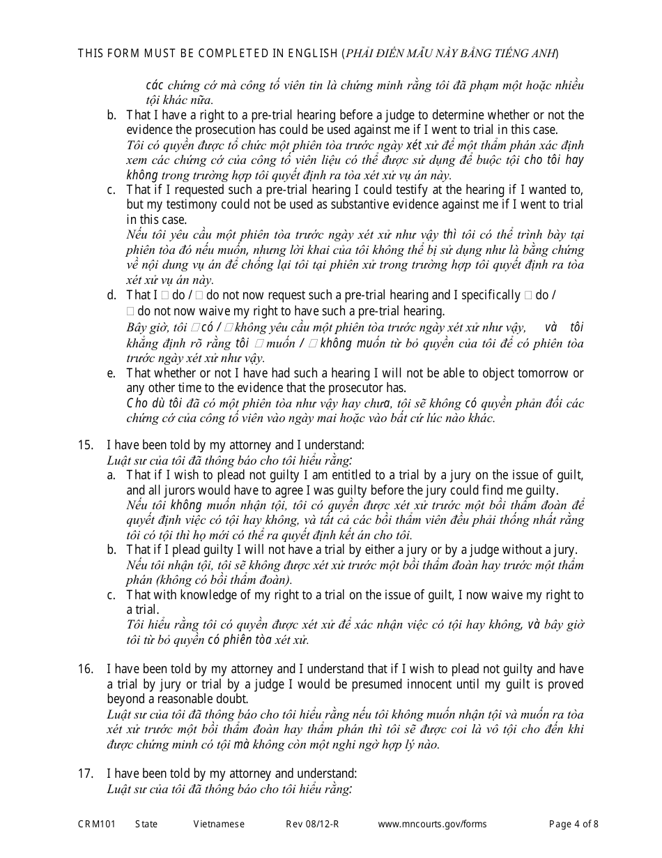 Form CRM101 Petition to Enter Plea of Guilty in Felony Case Pursuant to Rule 15 - Minnesota (English / Vietnamese), Page 4