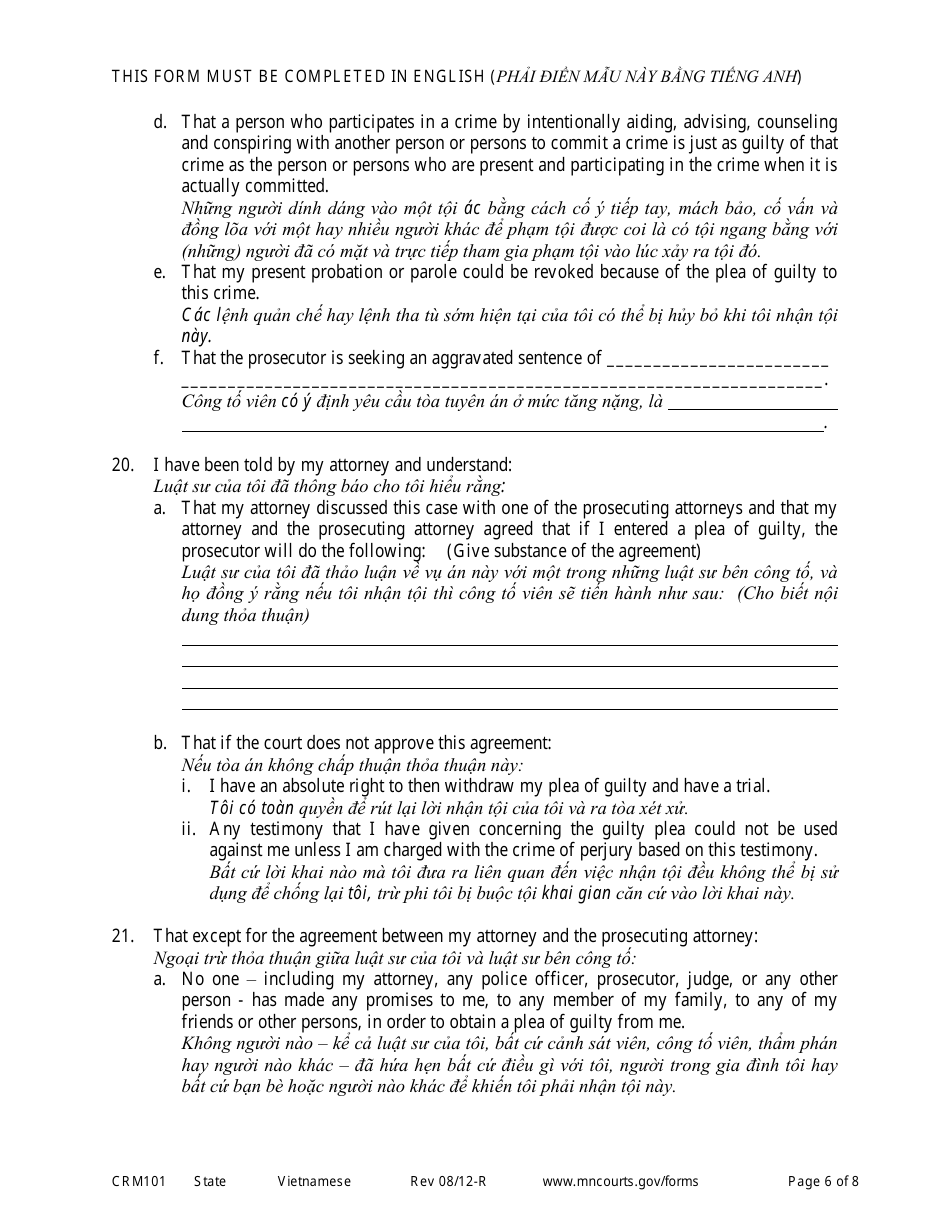 Form CRM101 Petition to Enter Plea of Guilty in Felony Case Pursuant to Rule 15 - Minnesota (English / Vietnamese), Page 6