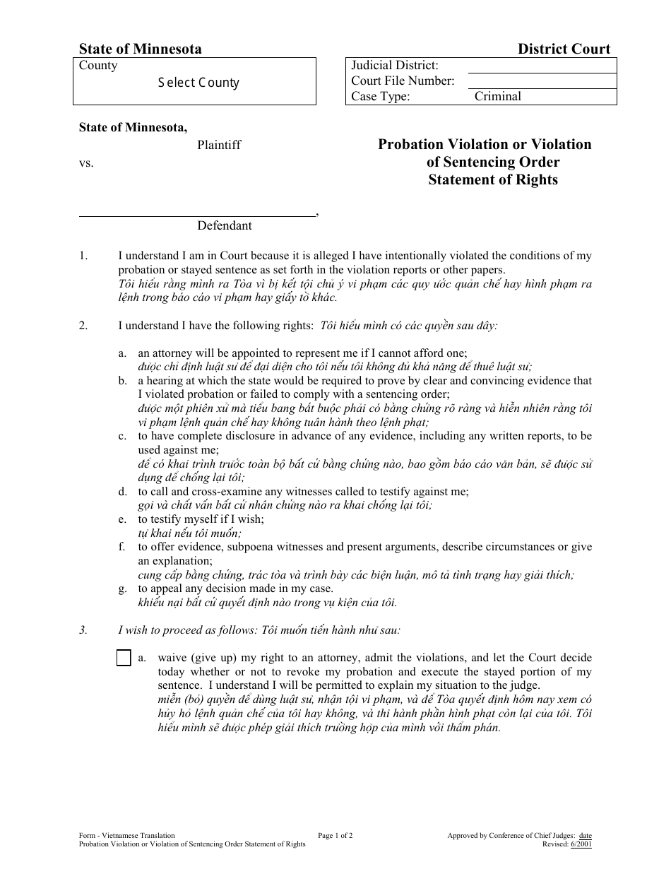 Probation Violation or Violation of Sentencing Order Statement of Rights - Minnesota (English / Vietnamese), Page 1