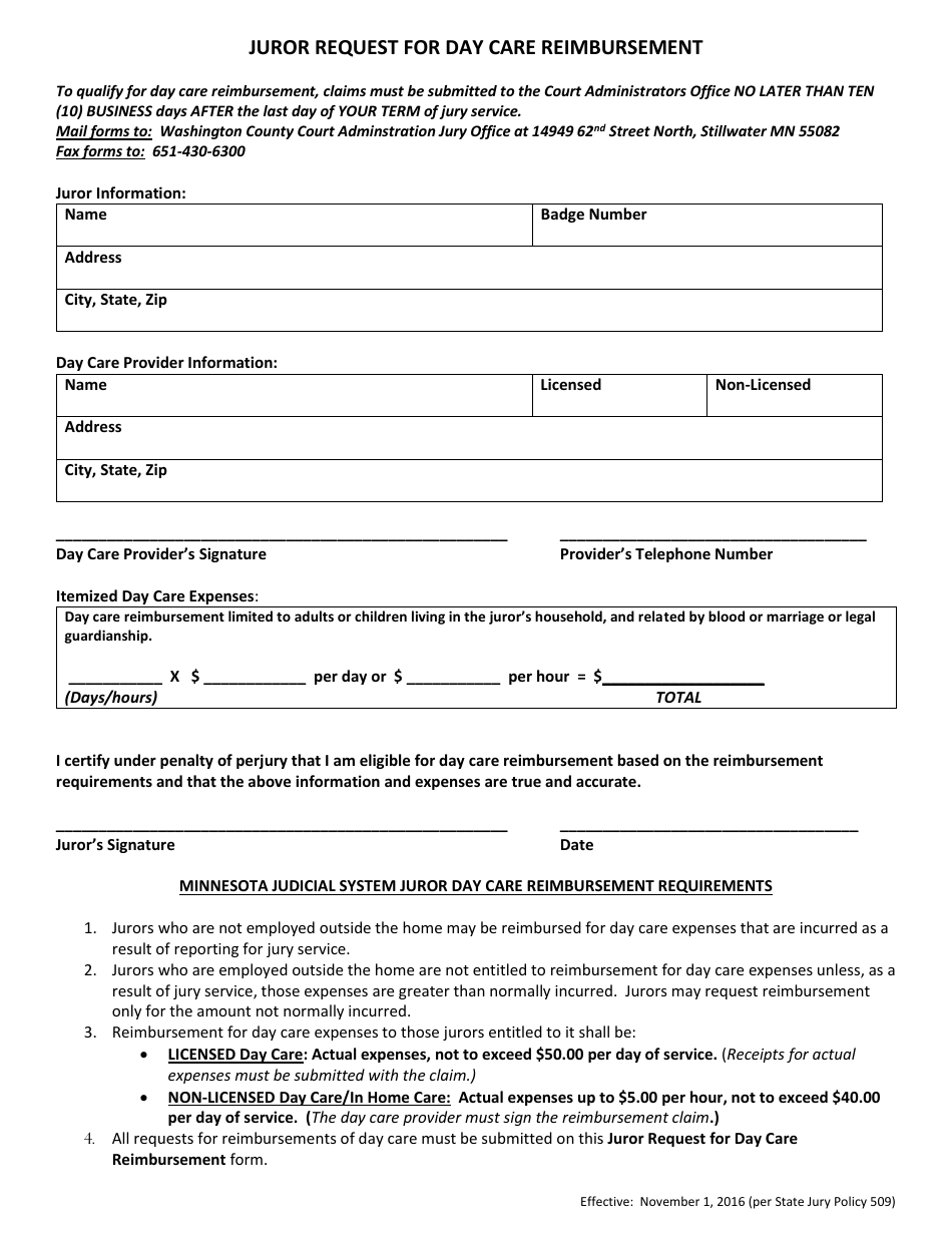 Minnesota Juror Request for Day Care Reimbursement Form - Fill Out ...