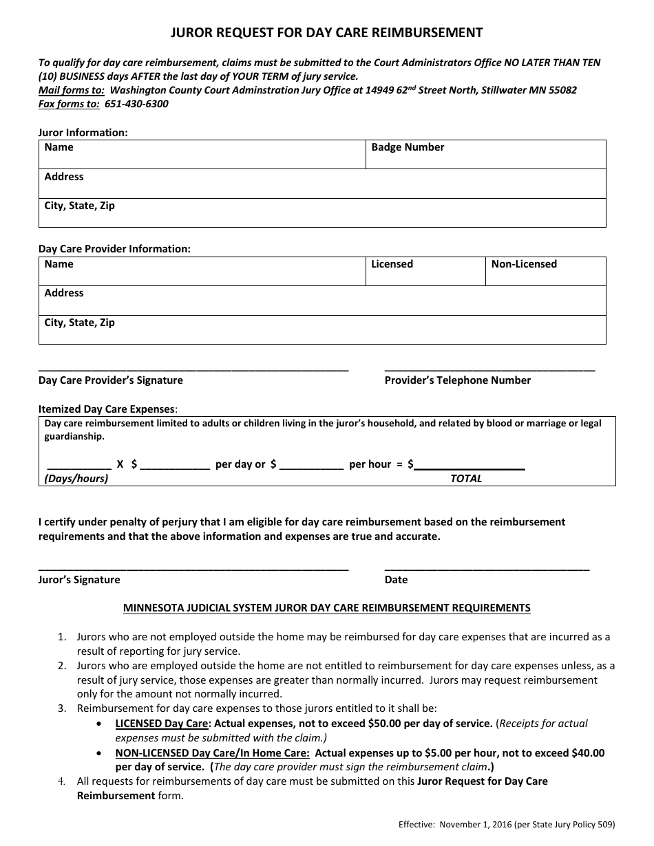 Juror Request for Day Care Reimbursement Form - Minnesota, Page 1