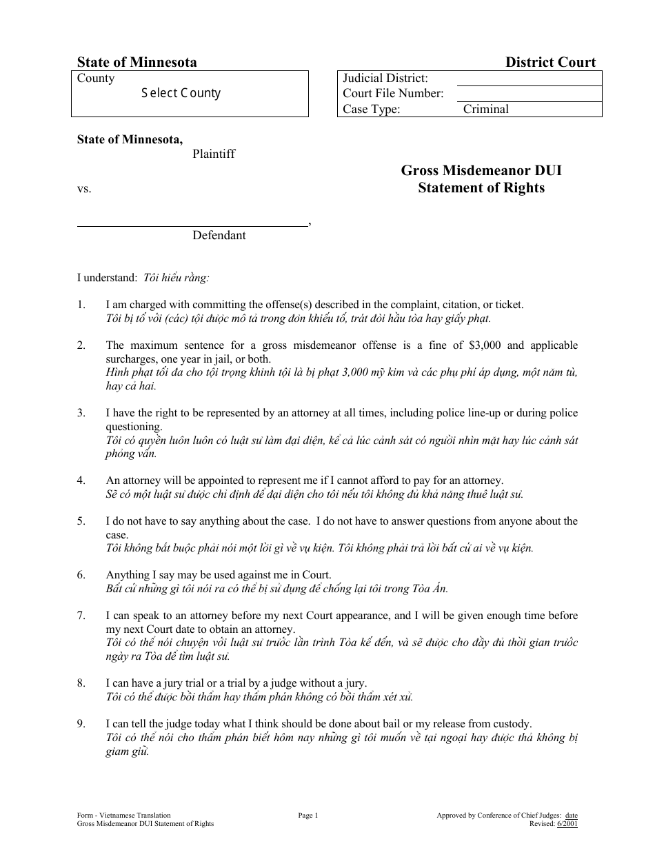 Gross Misdemeanor Dui Statement of Rights - Minnesota (English / Vietnamese), Page 1