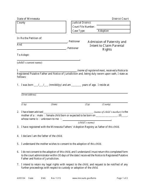 Form ADO104 Admission of Paternity and Intent to Claim Parental Rights - Minnesota
