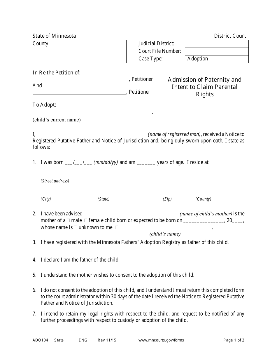 Form ADO104 Admission of Paternity and Intent to Claim Parental Rights - Minnesota, Page 1