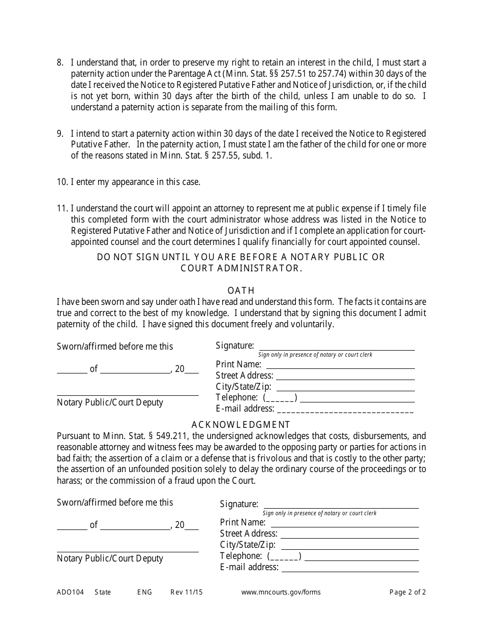 Form ADO104 Admission of Paternity and Intent to Claim Parental Rights - Minnesota, Page 2