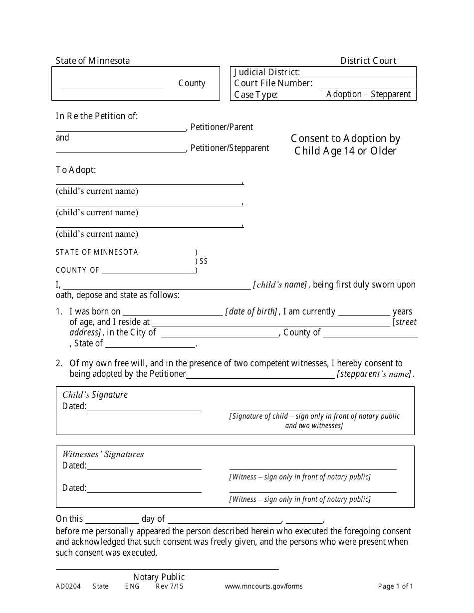 Form AD0204 Consent to Adoption by Child Age 14 or Older - Minnesota, Page 1