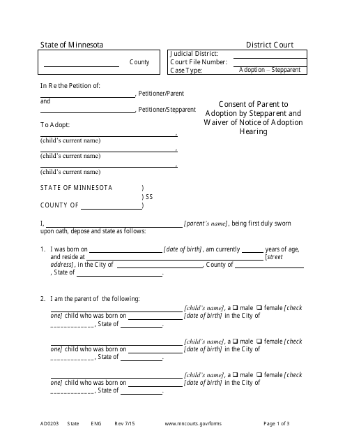 Form AD0203 Consent of Parent to Adoption by Stepparent and Waiver of Notice of Adoption Hearing - Minnesota