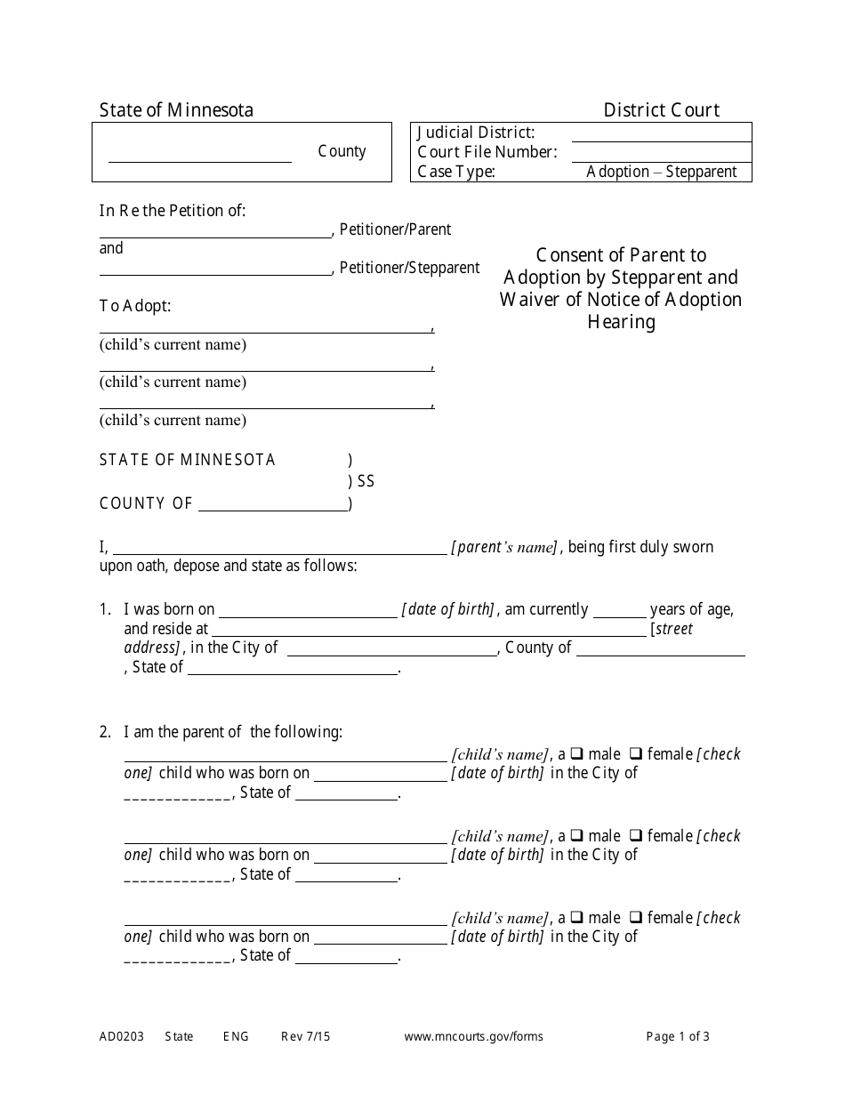Form AD0203 Consent of Parent to Adoption by Stepparent and Waiver of Notice of Adoption Hearing - Minnesota, Page 1
