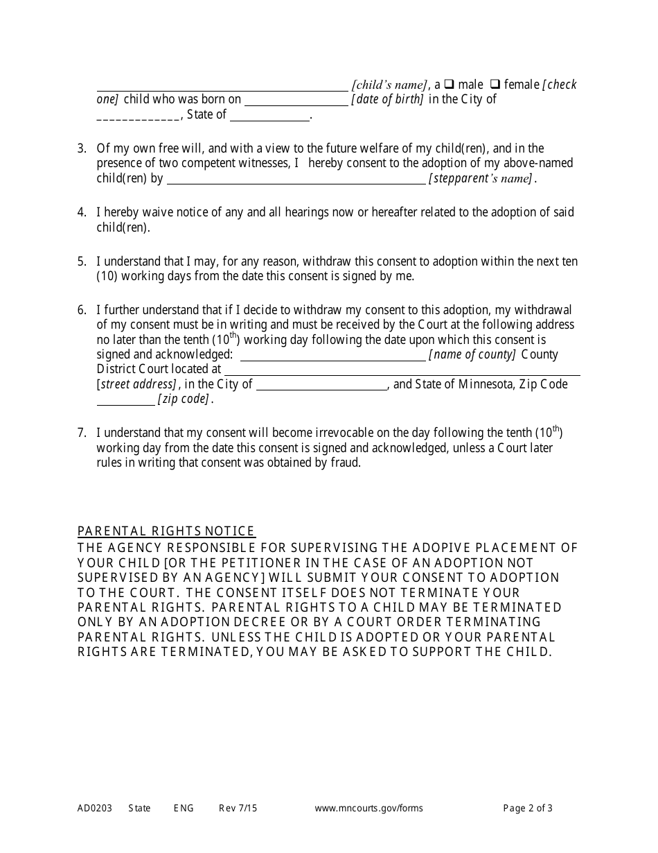 Form AD0203 Download Printable PDF or Fill Online Consent of Parent to ...