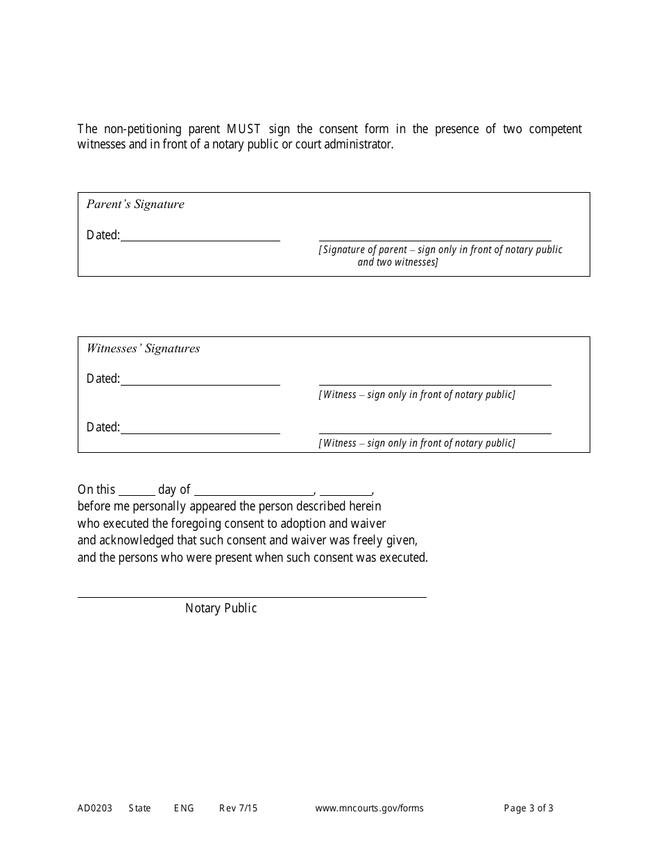 Form AD0203 Consent of Parent to Adoption by Stepparent and Waiver of Notice of Adoption Hearing - Minnesota, Page 3