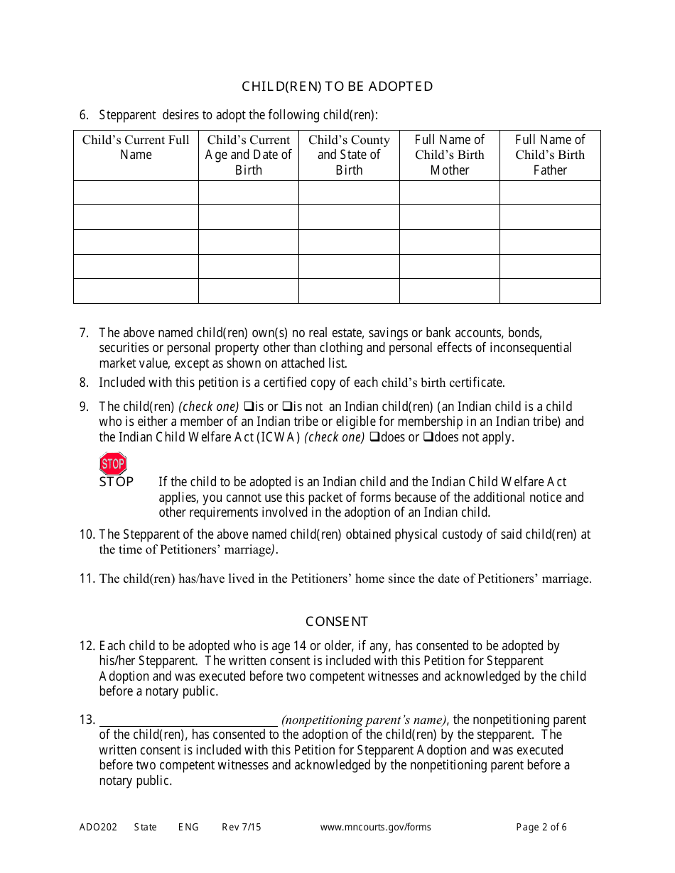 Form ADO202 Petition for Stepparent Adoption (Uncontested) - Minnesota, Page 2