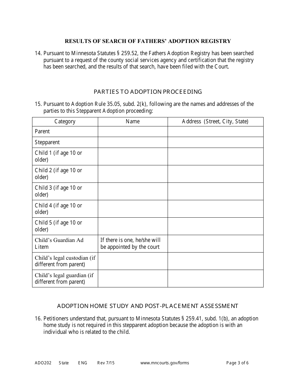 Form ADO202 Petition for Stepparent Adoption (Uncontested) - Minnesota, Page 3