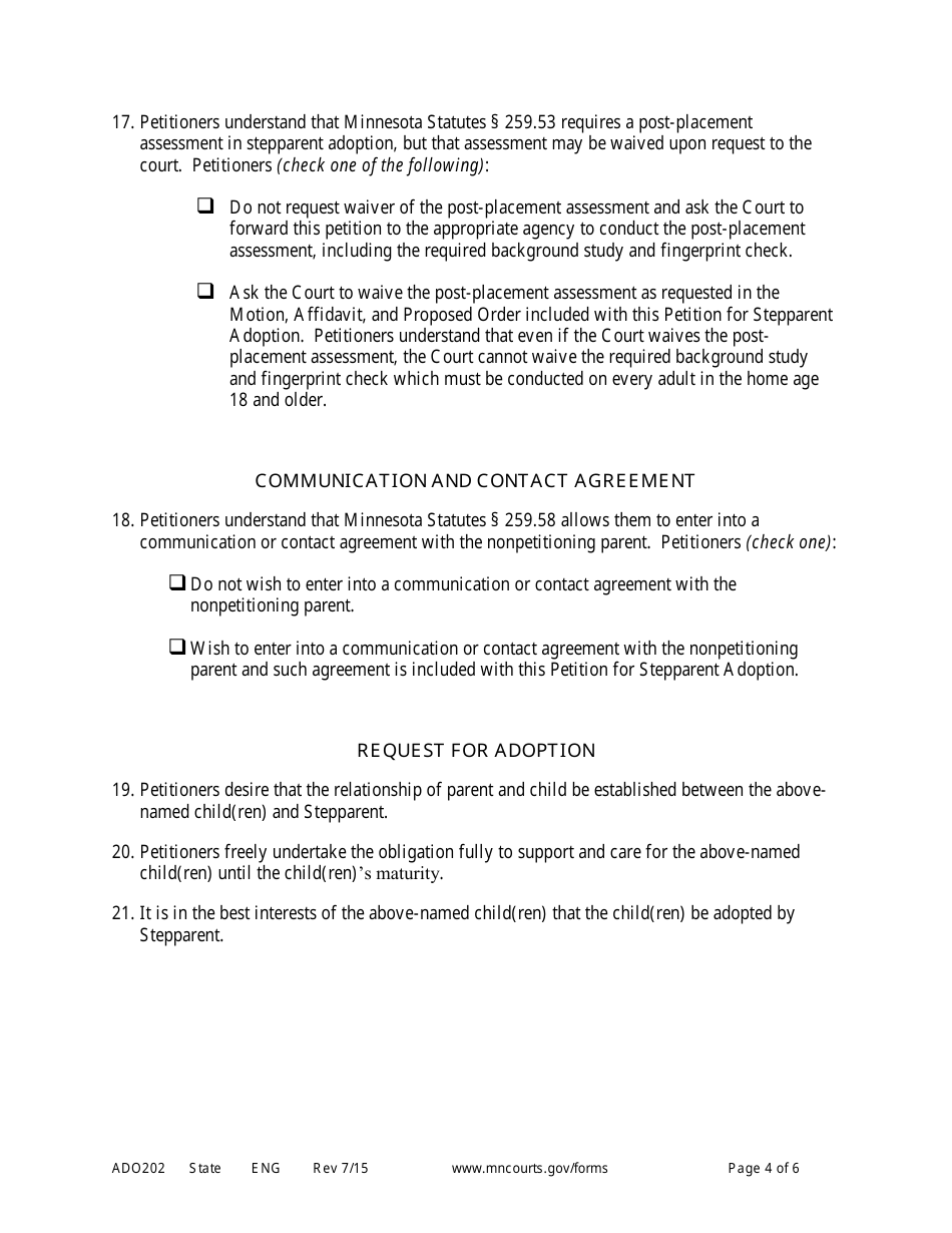 Form ADO202 Petition for Stepparent Adoption (Uncontested) - Minnesota, Page 4