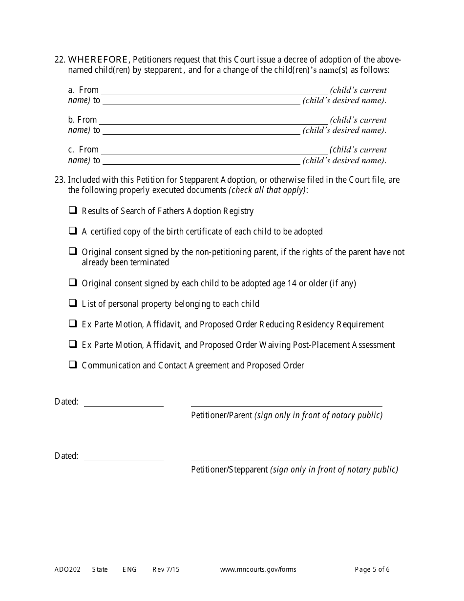 Form ADO202 Petition for Stepparent Adoption (Uncontested) - Minnesota, Page 5