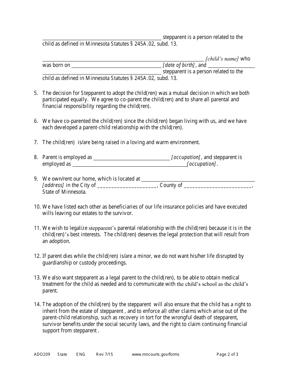 Form ADO209 Affidavit of Petitioners in Support of Motion to Waive Post-placement Assessment - Minnesota, Page 2