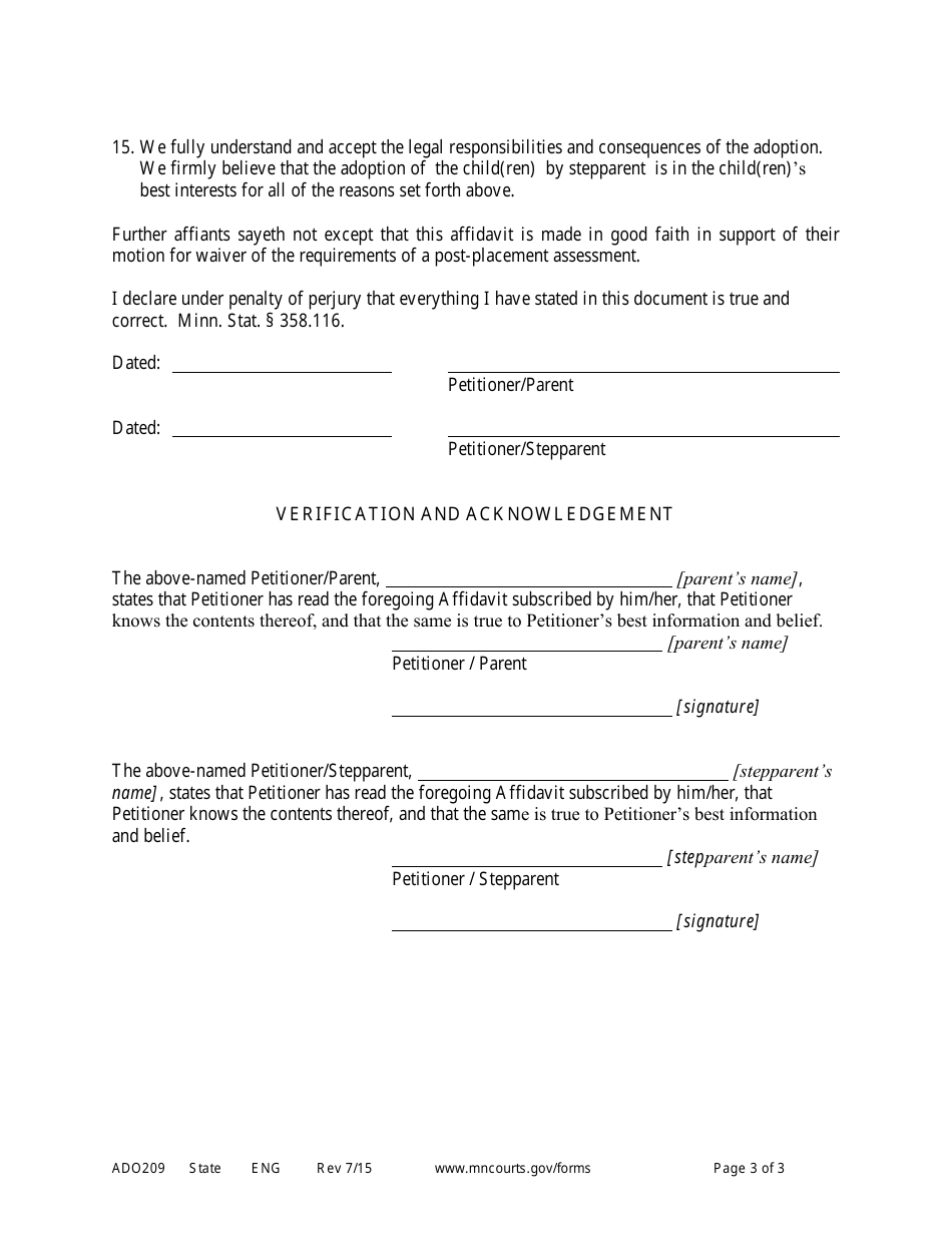 Form ADO209 Affidavit of Petitioners in Support of Motion to Waive Post-placement Assessment - Minnesota, Page 3
