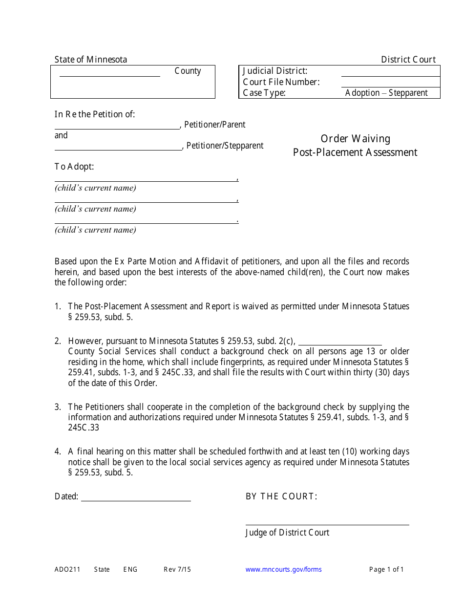 Form ADO211 Order Waiving Post-placement Assessment - Minnesota, Page 1