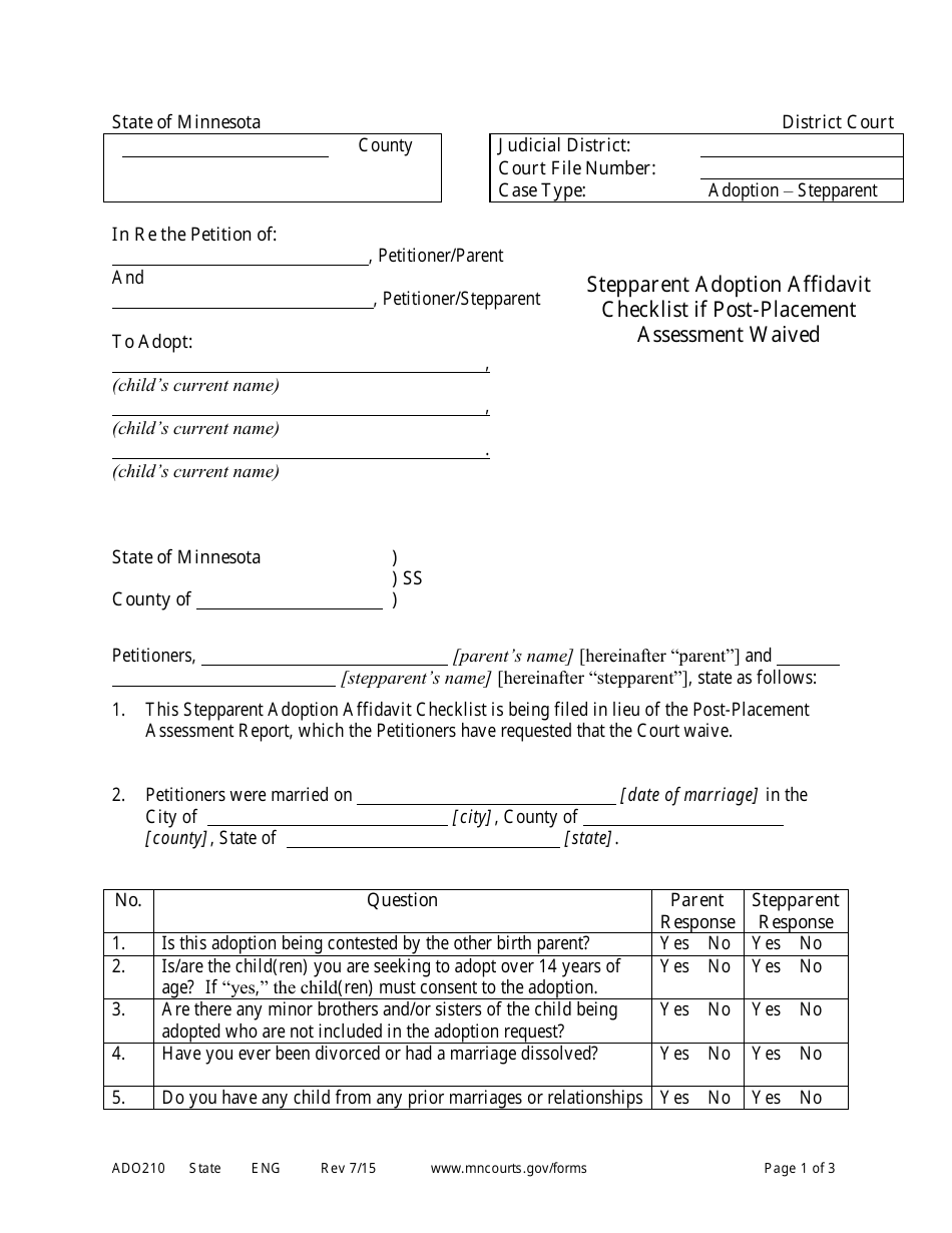 Form ADO210 Stepparent Adoption Affidavit Checklist if Post-placement Assessment Waived - Minnesota, Page 1