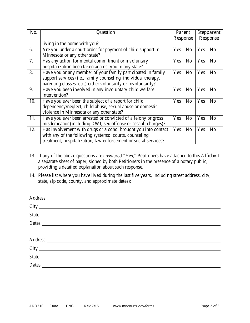Form ADO210 Stepparent Adoption Affidavit Checklist if Post-placement Assessment Waived - Minnesota, Page 2