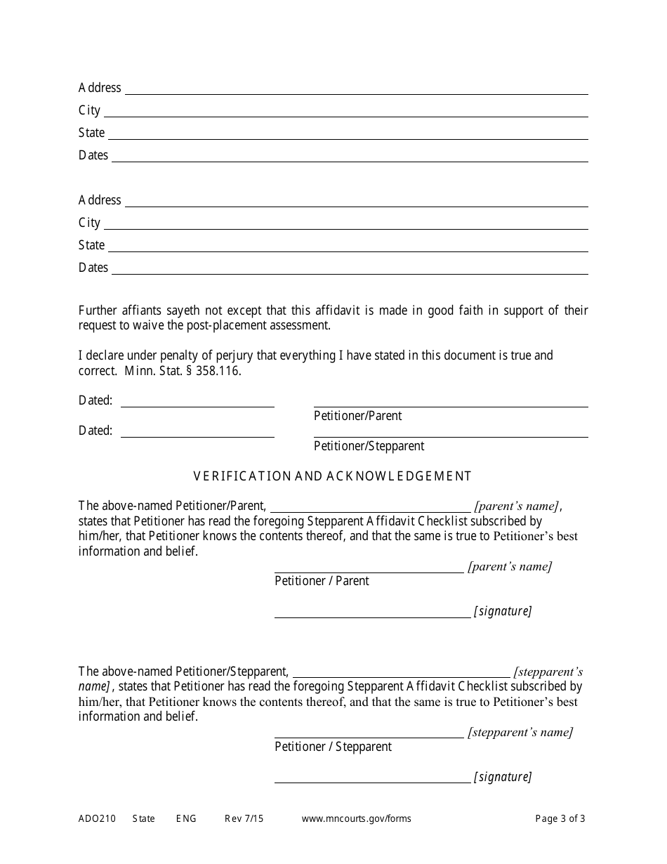 Form ADO210 Stepparent Adoption Affidavit Checklist if Post-placement Assessment Waived - Minnesota, Page 3