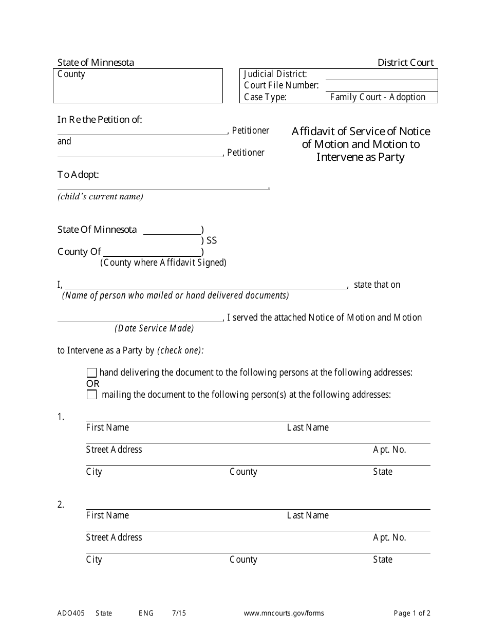 Form ADO405 Affidavit of Service of Notice of Motion and Motion to Intervene as Party - Minnesota, Page 1