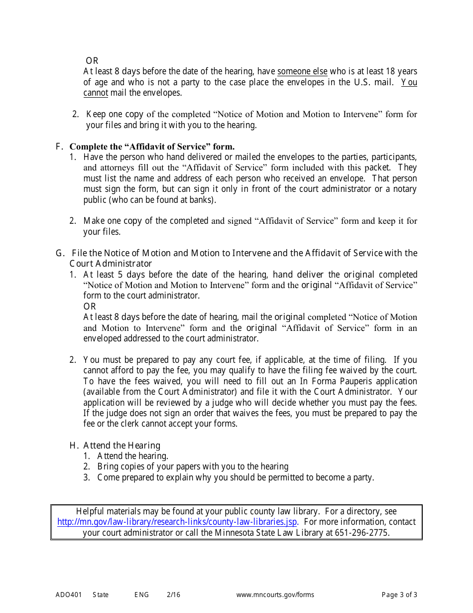 Form ADO401 Instructions for Completing Notice to Intervene in an Adoption Proceeding or Notice of Motion and Motion to Intervene in an Adoption Proceeding - Minnesota, Page 3