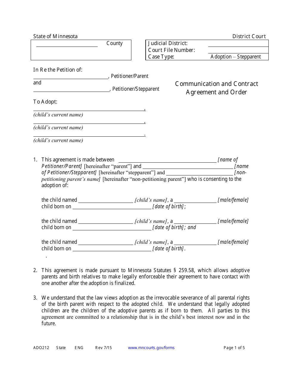 Form ADO212 Communication and Contract Agreement and Order - Minnesota, Page 1