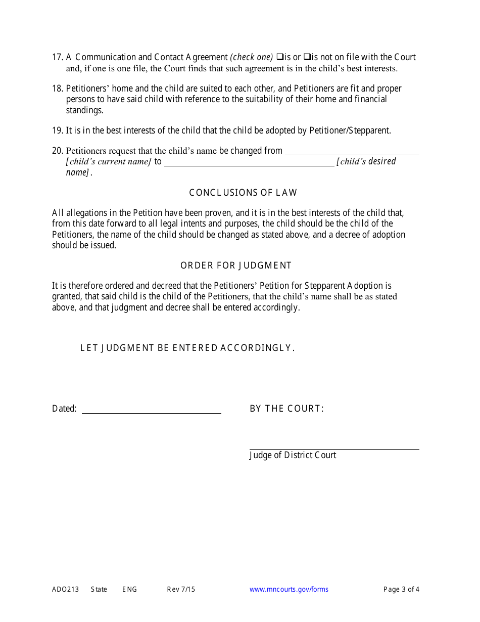 Form ADO213 Findings of Fact, Conclusions of Law, Order for Judgment and Judgment and Decree of Adoption - Minnesota, Page 3