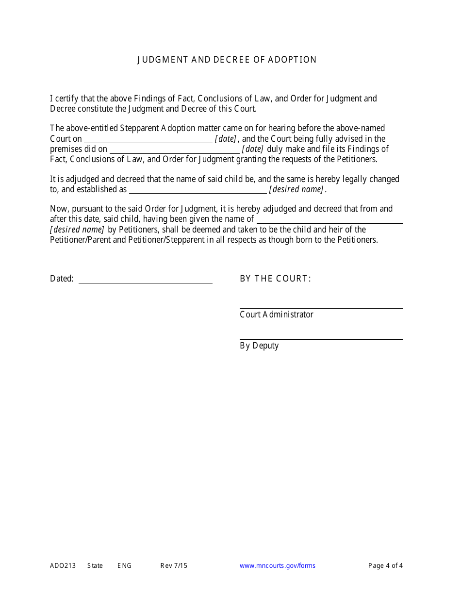 Form ADO213 Findings of Fact, Conclusions of Law, Order for Judgment and Judgment and Decree of Adoption - Minnesota, Page 4