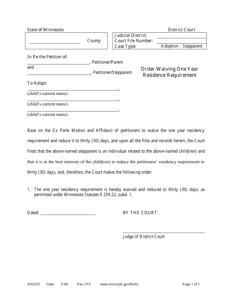 Form ADO207 Order Waiving One Year Residence Requirement - Minnesota, Page 1