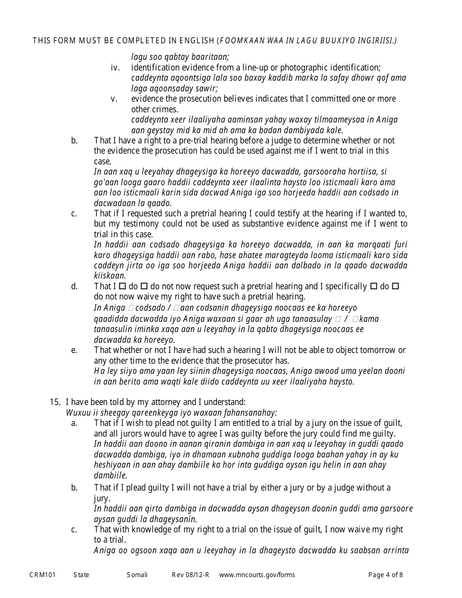 Form CRM101 Petition to Enter Plea of Guilty in Felony Case Pursuant to Rule 15 - Minnesota (English / Somali), Page 4