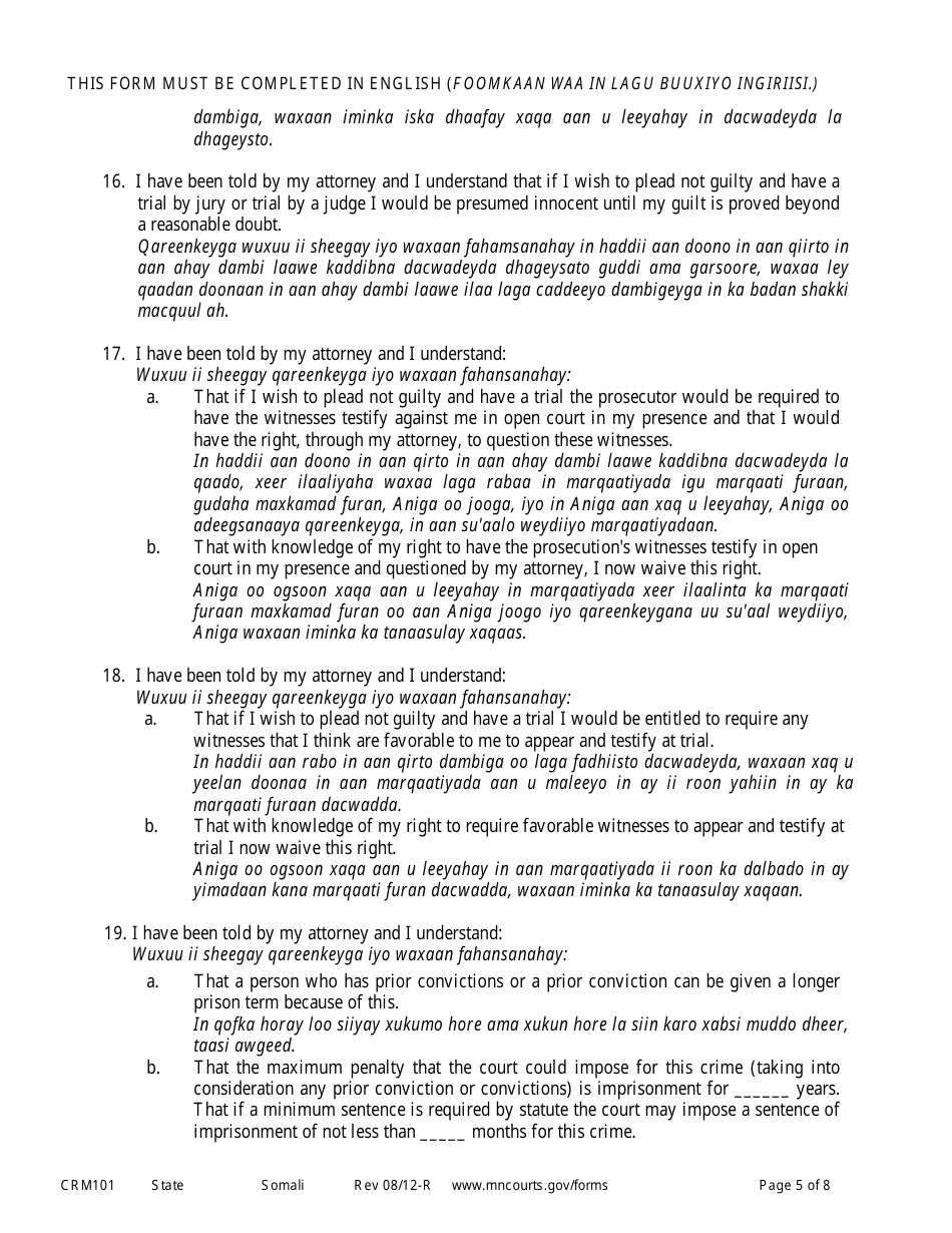 Form CRM101 Petition to Enter Plea of Guilty in Felony Case Pursuant to Rule 15 - Minnesota (English / Somali), Page 5